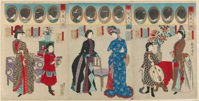 Comparison of Beautiful Women in Western Coiffures, Meiji era, 1887 by Toyohara Chikanobu